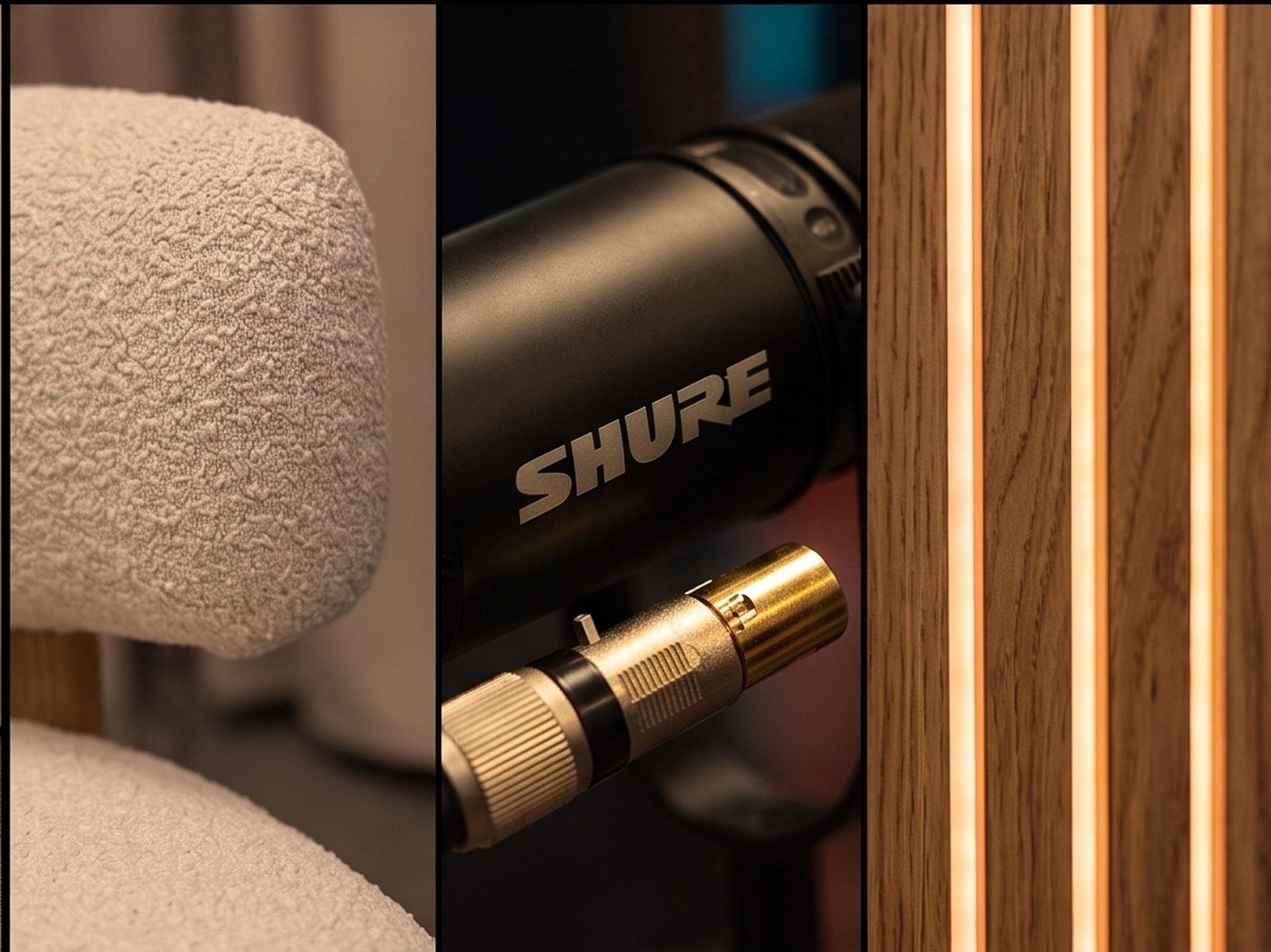 Detal mikrofonu Shure i akustycznych lameli — studio ciemne Magneto Media